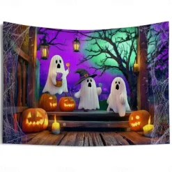 Halloween Blacklight Wall Tapestry – UV Reactive Three Cute Ghosts with Pumpkins in Haunted Graveyard, Neon Colors Spooky Night Scene, Glow in the Dark Wall Hanging for 2025 Halloween Decoration