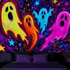 Halloween Blacklight Wall Tapestry – UV Reactive Three Cute Ghosts with Pumpkins in Haunted Graveyard, Neon Colors Spooky Night Scene, Glow in the Dark Wall Hanging for 2025 Halloween Decoration