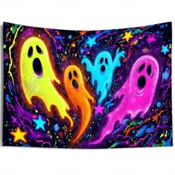 Halloween Blacklight Wall Tapestry – UV Reactive Three Cute Ghosts with Pumpkins in Haunted Graveyard, Neon Colors Spooky Night Scene, Glow in the Dark Wall Hanging for 2025 Halloween Decoration