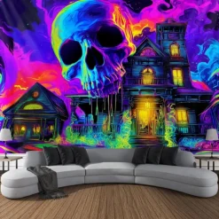 Halloween Blacklight Wall Tapestry – UV Reactive Haunted House with Glowing Skull, Neon Colors Spooky Graveyard Scene, Glow in the Dark Gothic Wall Hanging for 2025 Halloween Decoration