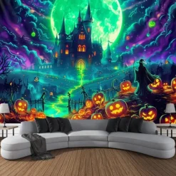 Halloween Blacklight Wall Tapestry – UV Reactive Glowing Moon over Haunted Forest Neon Colors Spooky Night Scene, Glow in the Dark Gothic Wall Hanging for 2025 Halloween Home and Party Decoration