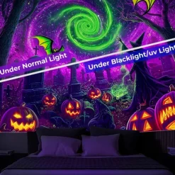 Halloween Blacklight Wall Tapestry – UV Reactive Glowing Moon over Haunted Forest Neon Colors Spooky Night Scene, Glow in the Dark Gothic Wall Hanging for 2025 Halloween Home and Party Decoration