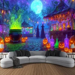 Halloween Blacklight Wall Tapestry – UV Reactive Glowing Moon over Haunted Forest Neon Colors Spooky Night Scene, Glow in the Dark Gothic Wall Hanging for 2025 Halloween Home and Party Decoration