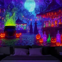 Halloween Blacklight Wall Tapestry – UV Reactive Glowing Moon over Haunted Forest Neon Colors Spooky Night Scene, Glow in the Dark Gothic Wall Hanging for 2025 Halloween Home and Party Decoration