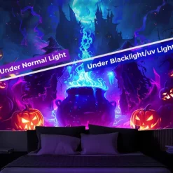 Halloween Blacklight Wall Tapestry – UV Reactive Glowing Moon over Haunted Forest Neon Colors Spooky Night Scene, Glow in the Dark Gothic Wall Hanging for 2025 Halloween Home and Party Decoration