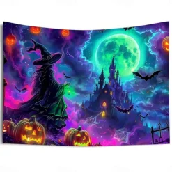 Halloween Blacklight Wall Tapestry – UV Reactive Glowing Moon over Haunted Forest Neon Colors Spooky Night Scene, Glow in the Dark Gothic Wall Hanging for 2025 Halloween Home and Party Decoration