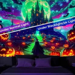 Halloween Blacklight Wall Tapestry – UV Reactive Glowing Moon over Haunted Forest Neon Colors Spooky Night Scene, Glow in the Dark Gothic Wall Hanging for 2025 Halloween Home and Party Decoration