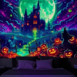 Halloween Blacklight Wall Tapestry – UV Reactive Glowing Moon over Haunted Forest Neon Colors Spooky Night Scene, Glow in the Dark Gothic Wall Hanging for 2025 Halloween Home and Party Decoration