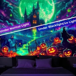 Halloween Blacklight Wall Tapestry – UV Reactive Glowing Moon over Haunted Forest Neon Colors Spooky Night Scene, Glow in the Dark Gothic Wall Hanging for 2025 Halloween Home and Party Decoration