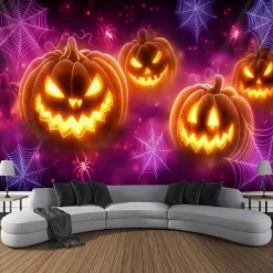Halloween Blacklight Wall Tapestry – UV Reactive Evil Grinning Pumpkin Face with Headphones, Neon Colors Spooky Music Party Theme, Glow in the Dark Wall Hanging for 2025 Halloween Party Decoration
