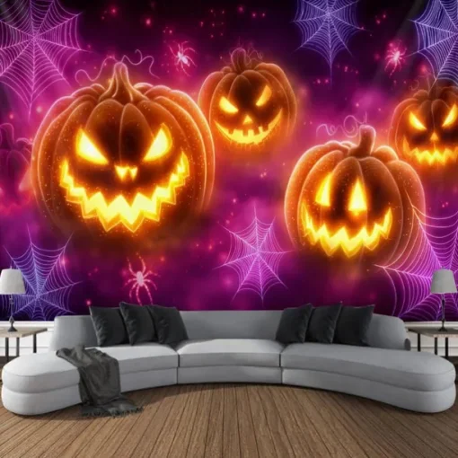 Halloween Blacklight Wall Tapestry – UV Reactive Evil Grinning Pumpkin Face with Headphones, Neon Colors Spooky Music Party Theme, Glow in the Dark Wall Hanging for 2025 Halloween Party Decoration