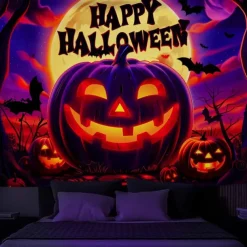 Halloween Blacklight Wall Tapestry – UV Reactive Evil Grinning Pumpkin Face with Headphones, Neon Colors Spooky Music Party Theme, Glow in the Dark Wall Hanging for 2025 Halloween Party Decoration