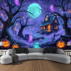 Halloween Blacklight Wall Tapestry – UV Reactive Haunted Path, Neon Colors Spooky Forest Scene, Glow in the Dark Gothic Backdrop for 2025 Halloween Party Decoration