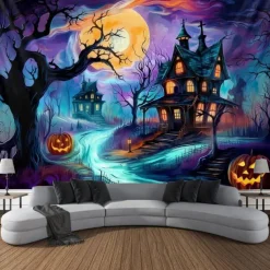 Halloween Blacklight Wall Tapestry – UV Reactive Haunted Path, Neon Colors Spooky Forest Scene, Glow in the Dark Gothic Backdrop for 2025 Halloween Party Decoration