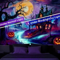 Halloween Blacklight Wall Tapestry – UV Reactive Haunted Path, Neon Colors Spooky Forest Scene, Glow in the Dark Gothic Backdrop for 2025 Halloween Party Decoration