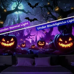 Halloween Blacklight Wall Tapestry – UV Reactive Haunted Path, Neon Colors Spooky Forest Scene, Glow in the Dark Gothic Backdrop for 2025 Halloween Party Decoration