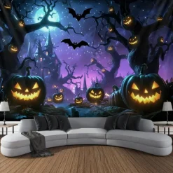 Halloween Blacklight Wall Tapestry – UV Reactive Haunted Path, Neon Colors Spooky Forest Scene, Glow in the Dark Gothic Backdrop for 2025 Halloween Party Decoration
