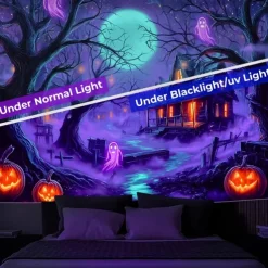 Halloween Blacklight Wall Tapestry – UV Reactive Haunted Path, Neon Colors Spooky Forest Scene, Glow in the Dark Gothic Backdrop for 2025 Halloween Party Decoration