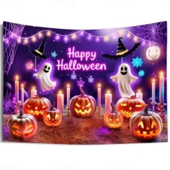 Halloween Blacklight Wall Tapestry – UV Reactive 'Happy Halloween' with Glowing Pumpkins and Candles, Neon Colors Spooky Scene, Glow in the Dark Wall Hanging for 2025 Halloween Party Decoration