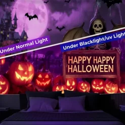 Halloween Blacklight Wall Tapestry – UV Reactive 'Happy Halloween' with Glowing Pumpkins and Candles, Neon Colors Spooky Scene, Glow in the Dark Wall Hanging for 2025 Halloween Party Decoration
