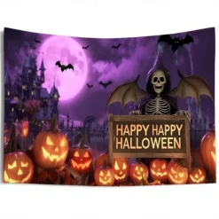 Halloween Blacklight Wall Tapestry – UV Reactive 'Happy Halloween' with Glowing Pumpkins and Candles, Neon Colors Spooky Scene, Glow in the Dark Wall Hanging for 2025 Halloween Party Decoration