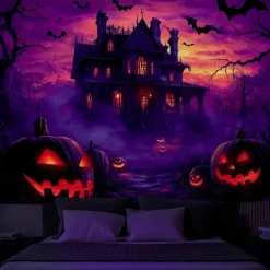 Halloween Blacklight Wall Tapestry – UV Reactive Haunted House with Glowing Windows, Neon Colors Spooky Graveyard Scene, Glow in the Dark Gothic Backdrop for 2025 Halloween Party Decoration