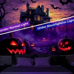 Halloween Blacklight Wall Tapestry – UV Reactive Haunted House with Glowing Windows, Neon Colors Spooky Graveyard Scene, Glow in the Dark Gothic Backdrop for 2025 Halloween Party Decoration