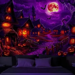 Halloween Blacklight Wall Tapestry – UV Reactive Haunted House with Glowing Windows, Neon Colors Spooky Graveyard Scene, Glow in the Dark Gothic Backdrop for 2025 Halloween Party Decoration