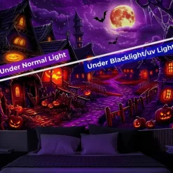 Halloween Blacklight Wall Tapestry – UV Reactive Haunted House with Glowing Windows, Neon Colors Spooky Graveyard Scene, Glow in the Dark Gothic Backdrop for 2025 Halloween Party Decoration