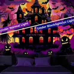 Halloween Blacklight Wall Tapestry – UV Reactive Haunted House with Glowing Windows, Neon Colors Spooky Graveyard Scene, Glow in the Dark Gothic Backdrop for 2025 Halloween Party Decoration