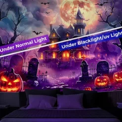 Halloween Blacklight Wall Tapestry – UV Reactive Haunted House with Glowing Windows, Neon Colors Spooky Graveyard Scene, Glow in the Dark Gothic Backdrop for 2025 Halloween Party Decoration