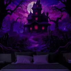 Halloween Blacklight Wall Tapestry – UV Reactive Haunted House with Glowing Windows, Neon Colors Spooky Graveyard Scene, Glow in the Dark Gothic Backdrop for 2025 Halloween Party Decoration