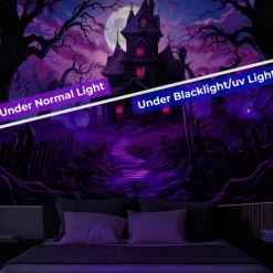 Halloween Blacklight Wall Tapestry – UV Reactive Haunted House with Glowing Windows, Neon Colors Spooky Graveyard Scene, Glow in the Dark Gothic Backdrop for 2025 Halloween Party Decoration
