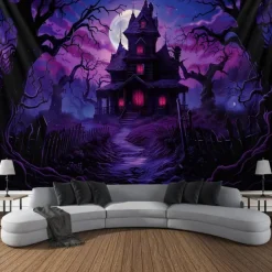 Halloween Blacklight Wall Tapestry – UV Reactive Haunted House with Glowing Windows, Neon Colors Spooky Graveyard Scene, Glow in the Dark Gothic Backdrop for 2025 Halloween Party Decoration