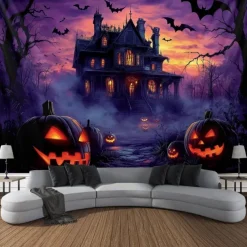 Halloween Blacklight Wall Tapestry – UV Reactive Haunted House with Glowing Windows, Neon Colors Spooky Graveyard Scene, Glow in the Dark Gothic Backdrop for 2025 Halloween Party Decoration