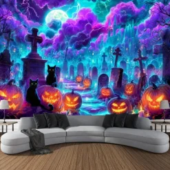 Halloween Blacklight Wall Tapestry – UV Reactive Haunted House with Flying Witch, Jack-o'-Lanterns and Full Moon, Neon Colors, Glow in the Dark Gothic Wall Hanging for 2025 Halloween Decoration