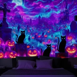 Halloween Blacklight Wall Tapestry – UV Reactive Haunted House with Flying Witch, Jack-o'-Lanterns and Full Moon, Neon Colors, Glow in the Dark Gothic Wall Hanging for 2025 Halloween Decoration