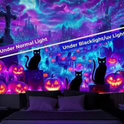 Halloween Blacklight Wall Tapestry – UV Reactive Haunted House with Flying Witch, Jack-o'-Lanterns and Full Moon, Neon Colors, Glow in the Dark Gothic Wall Hanging for 2025 Halloween Decoration