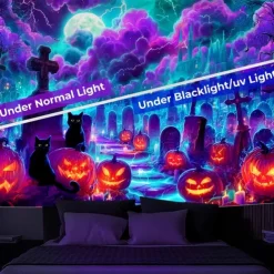 Halloween Blacklight Wall Tapestry – UV Reactive Haunted House with Flying Witch, Jack-o'-Lanterns and Full Moon, Neon Colors, Glow in the Dark Gothic Wall Hanging for 2025 Halloween Decoration