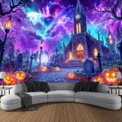 Halloween Blacklight Wall Tapestry – UV Reactive Haunted House with Flying Witch, Jack-o'-Lanterns and Full Moon, Neon Colors, Glow in the Dark Gothic Wall Hanging for 2025 Halloween Decoration