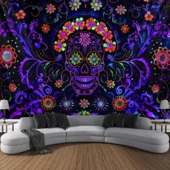 Halloween Blacklight Wall Tapestry – UV Reactive Día de los Muertos Sugar Skulls, Neon Colors Mexican Day of the Dead Theme, Glow in the Dark Wall Hanging for 2025 Halloween Decoration