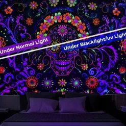 Halloween Blacklight Wall Tapestry – UV Reactive Día de los Muertos Sugar Skulls, Neon Colors Mexican Day of the Dead Theme, Glow in the Dark Wall Hanging for 2025 Halloween Decoration