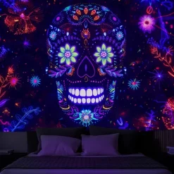 Halloween Blacklight Wall Tapestry – UV Reactive Día de los Muertos Sugar Skulls, Neon Colors Mexican Day of the Dead Theme, Glow in the Dark Wall Hanging for 2025 Halloween Decoration