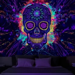 Halloween Blacklight Wall Tapestry – UV Reactive Día de los Muertos Sugar Skulls, Neon Colors Mexican Day of the Dead Theme, Glow in the Dark Wall Hanging for 2025 Halloween Decoration