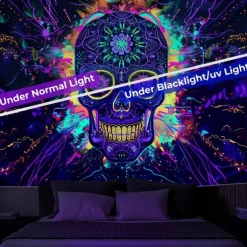 Halloween Blacklight Wall Tapestry – UV Reactive Día de los Muertos Sugar Skulls, Neon Colors Mexican Day of the Dead Theme, Glow in the Dark Wall Hanging for 2025 Halloween Decoration