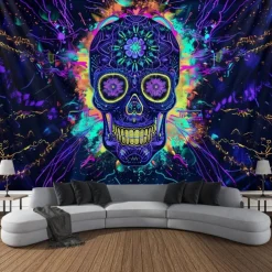 Halloween Blacklight Wall Tapestry – UV Reactive Día de los Muertos Sugar Skulls, Neon Colors Mexican Day of the Dead Theme, Glow in the Dark Wall Hanging for 2025 Halloween Decoration