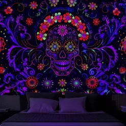 Halloween Blacklight Wall Tapestry – UV Reactive Día de los Muertos Sugar Skulls, Neon Colors Mexican Day of the Dead Theme, Glow in the Dark Wall Hanging for 2025 Halloween Decoration
