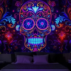 Halloween Blacklight Wall Tapestry – UV Reactive Día de los Muertos Sugar Skulls, Neon Colors Mexican Day of the Dead Theme, Glow in the Dark Wall Hanging for 2025 Halloween Decoration
