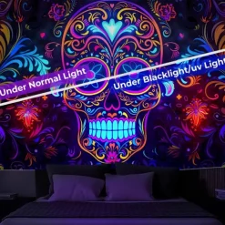Halloween Blacklight Wall Tapestry – UV Reactive Día de los Muertos Sugar Skulls, Neon Colors Mexican Day of the Dead Theme, Glow in the Dark Wall Hanging for 2025 Halloween Decoration