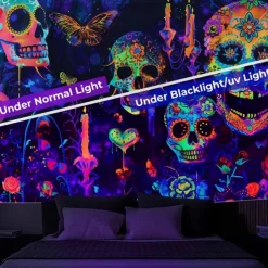 Halloween Blacklight Wall Tapestry – UV Reactive Día de los Muertos Sugar Skulls, Neon Colors Mexican Day of the Dead Theme, Glow in the Dark Wall Hanging for 2025 Halloween Decoration